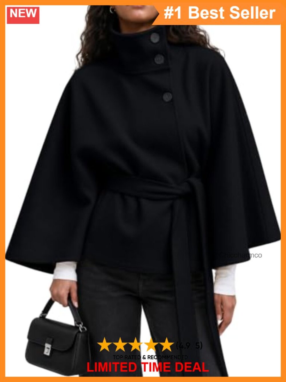 Wool Blend Batwing Sleeve Poncho Cape Coat Belted Button Winter